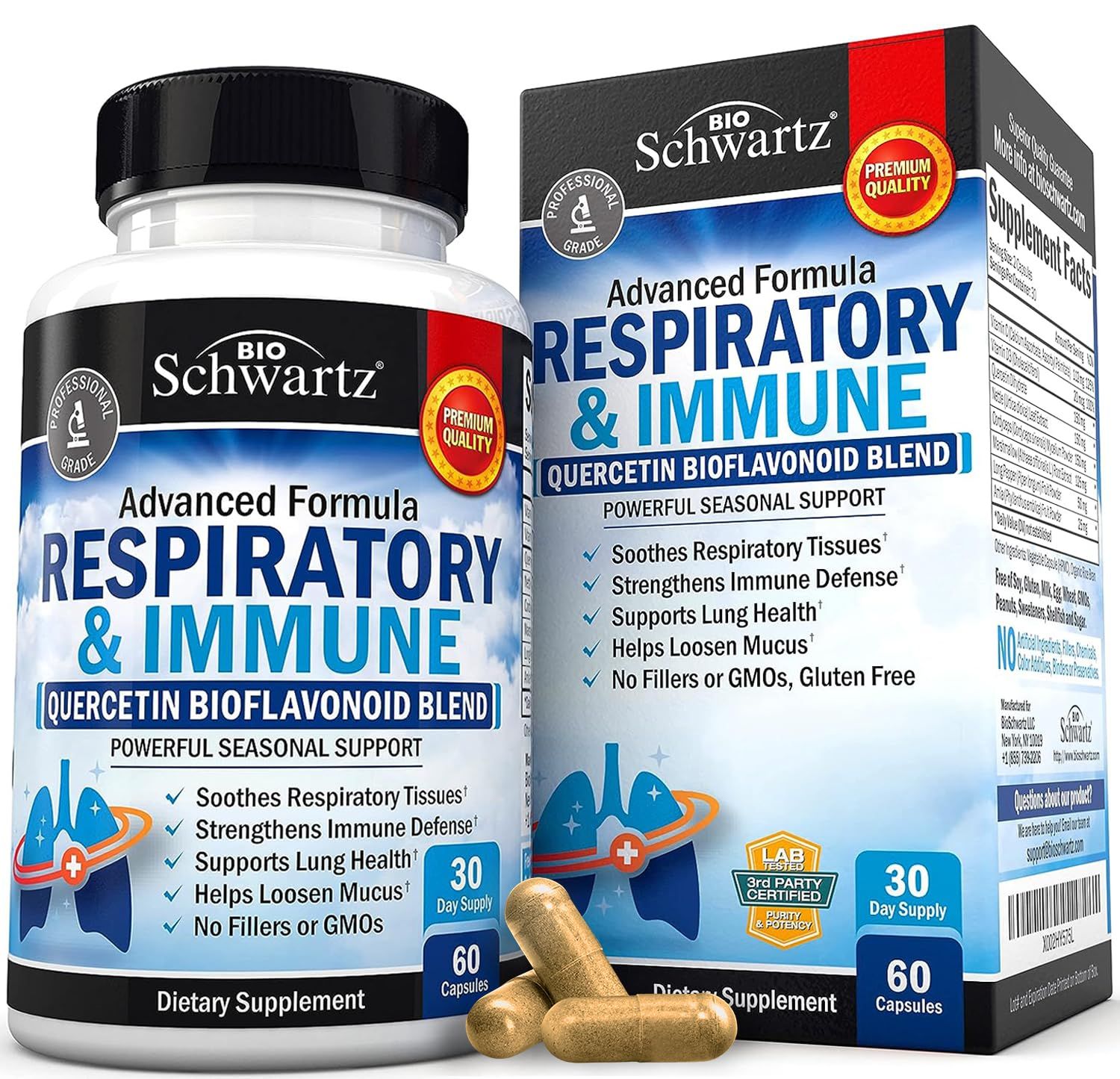 Respiratory &amp; Immune Lung Support Supplement with Quercetin, Vitamin D &amp; Cordyceps, Helps Soothe Respiratory Tissues While Loosening Mucus, Lung Health Vitamins for Women &amp; Men, 60 Capsules