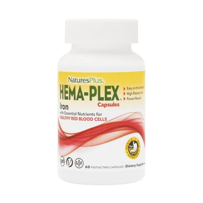 NaturesPlus Hema-Plex Iron - 60 Fast-Acting Capsules - 85 mg Chelated Iron + Vitamin C &amp; Bioflavonoids for Healthy Red Blood Cells - Vegan, Gluten Free - 30 Servings