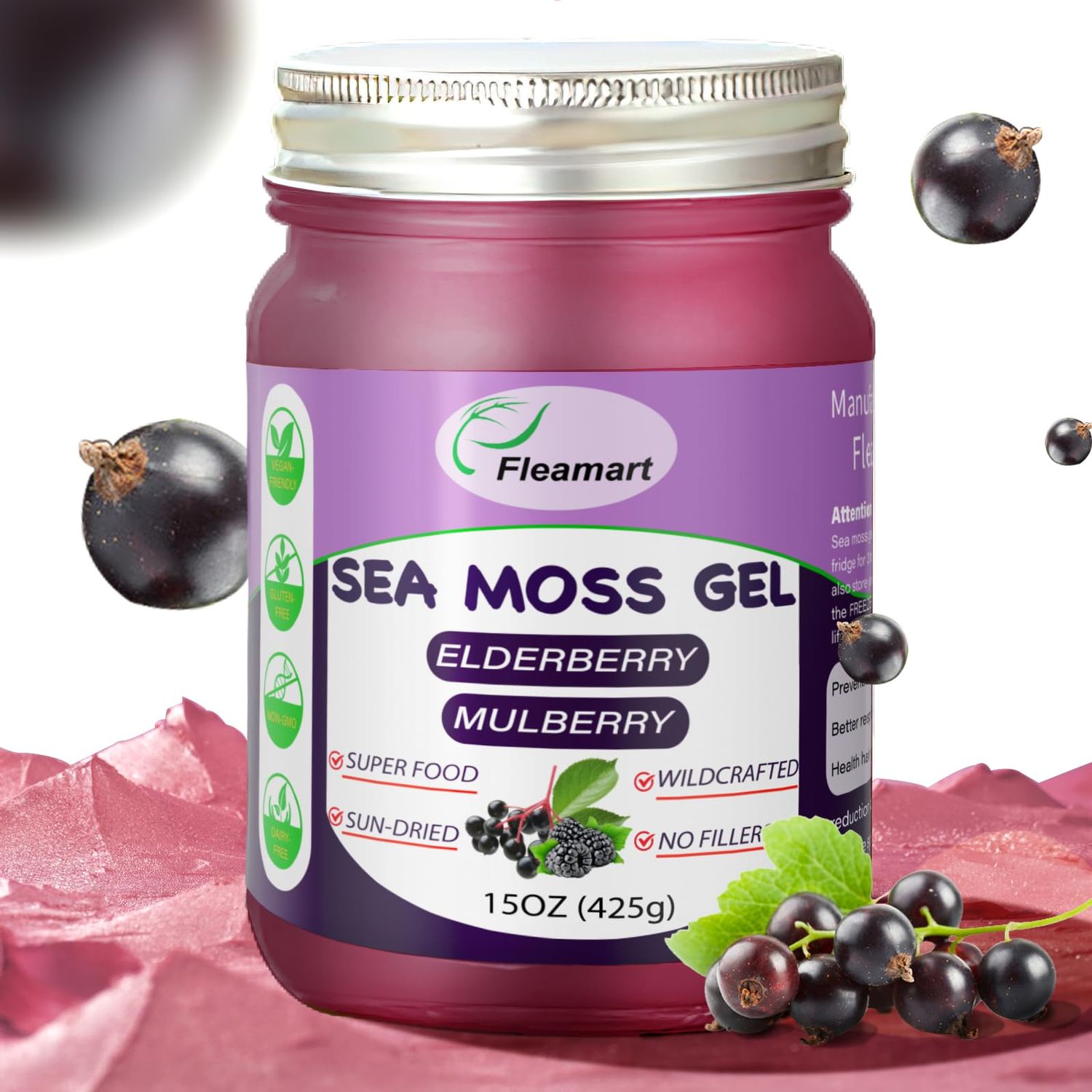 Seamoss Gel Elderberry Flavor 15 OZ - Natural Irish Sea Moss Gel Organic Raw for Thyroid Digestive Support Wildcrafted Sea Moss Gel Organic Raw Non-GMO, Elderberry Flavor