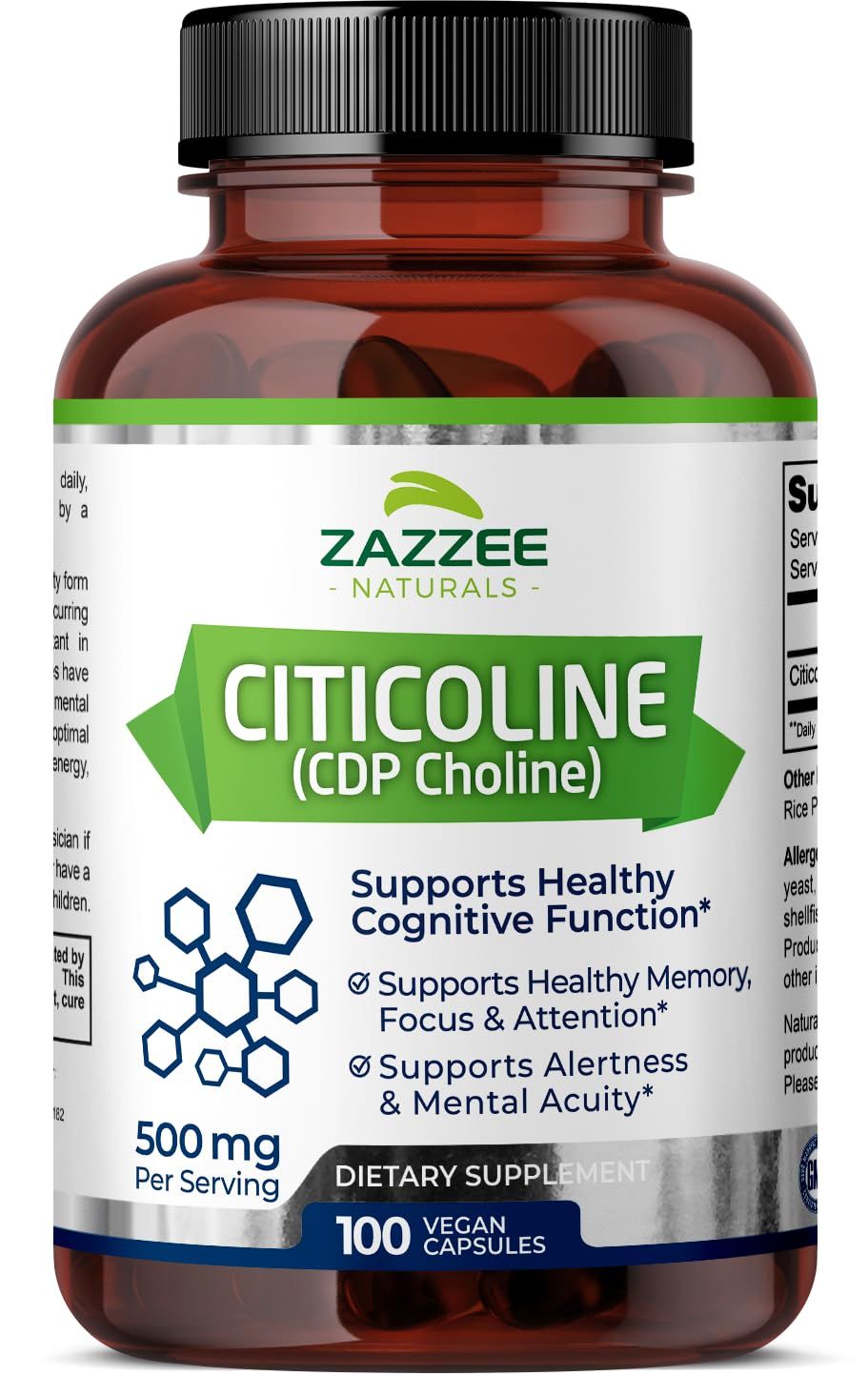 Zazzee Extra Strength Citicoline, 500 mg per Serving, 100 Vegan Capsules, Superior CDP Choline Form, 100% Vegetarian and Pharmaceutical Grade, 50-Day Supply, All-Natural and Non-GMO