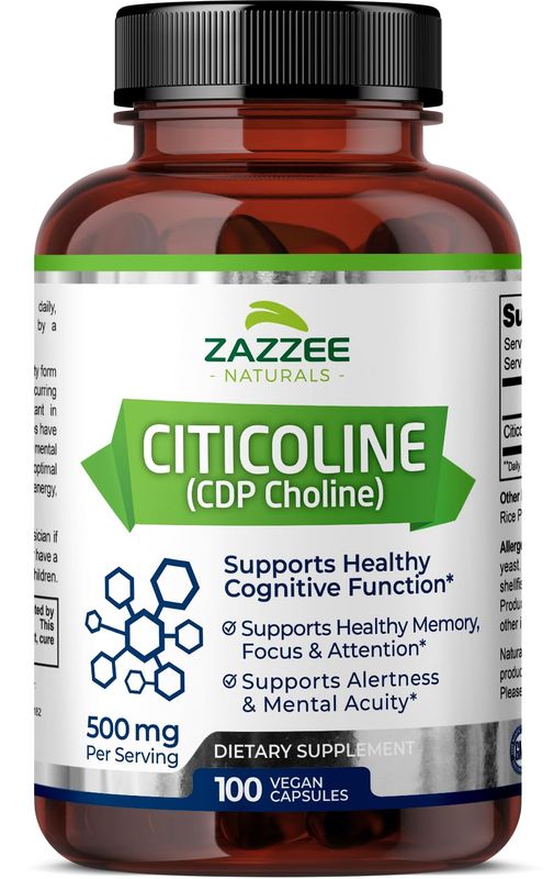Zazzee Extra Strength Citicoline, 500 mg per Serving, 100 Vegan Capsules, Superior CDP Choline Form, 100% Vegetarian and Pharmaceutical Grade, 50-Day Supply, All-Natural and Non-GMO