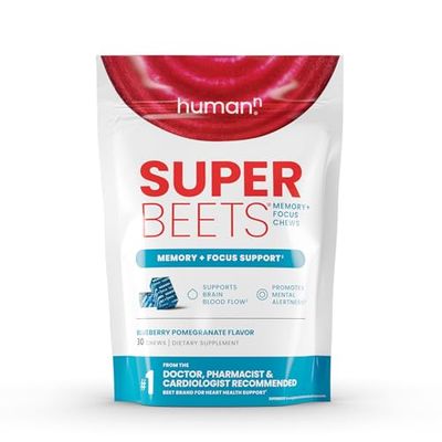 humanN SuperBeets Brain Supplements for Memory and Focus Chews, Mental Alertness, Clinically Studied Nootropics, Resveratrol Supplement Plus Beet Root Powder, Blueberry Pomegranate Flavor, 30 Count