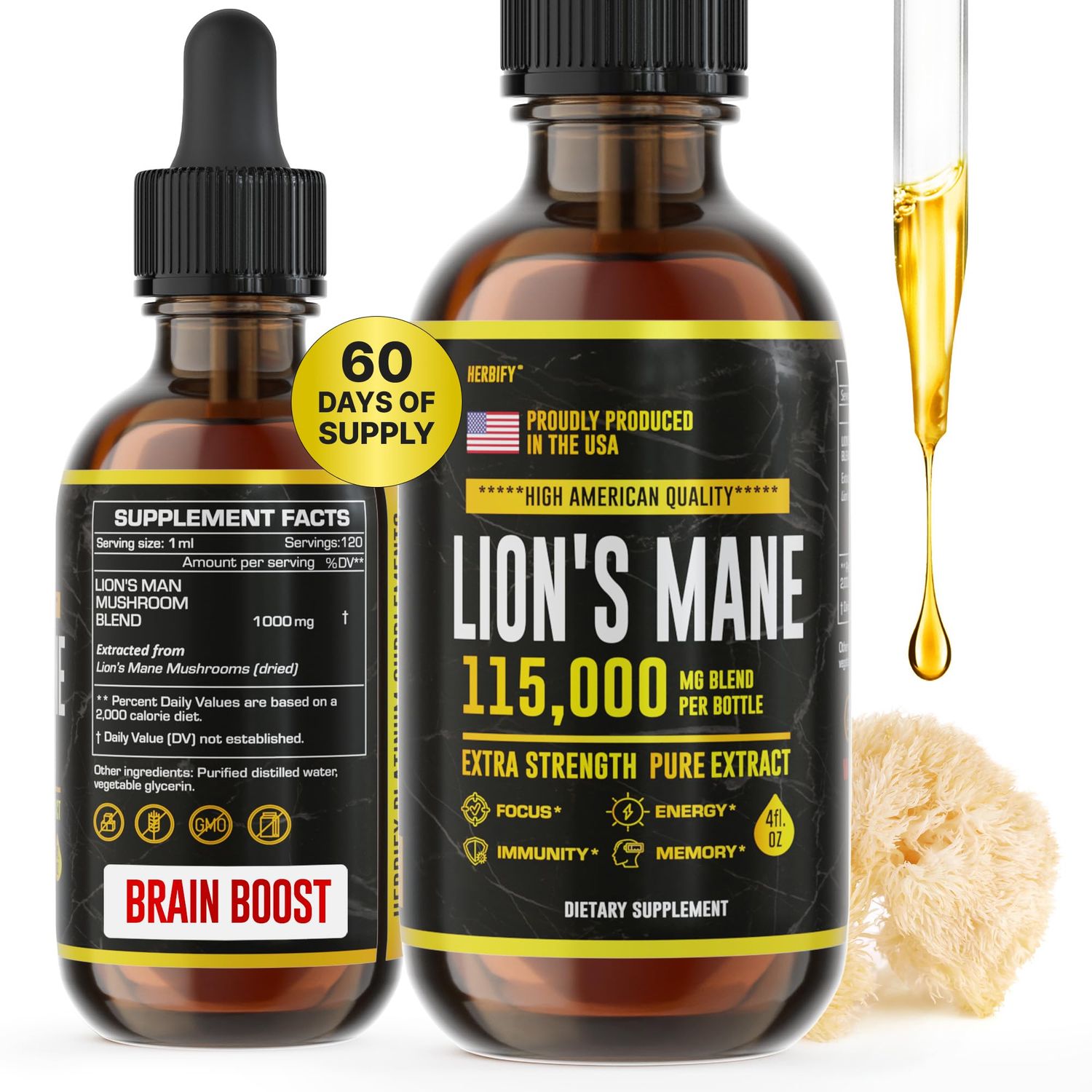 Lions Mane Supplement - Daily Mushroom Supplement for Memory, Focus &amp; Clarity - Brain Booster - Lions Mane Tincture for Natural Immune Support - Vegan, Organic - 4 Fl oz