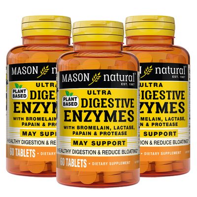 MASON NATURAL Plant Based Ultra Digestive Enzymes with Bromelain, Lactase, Papain &amp; Protease - Supports Healthy Digestion &amp; May Reduce Bloating, 60 Capsules (Pack of 3)