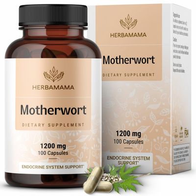 HERBAMAMA Motherwort Capsules - 1200 mg Motherwort Herb Powder Calm Supplements - Women&#39;s Health Calming Capsules - Vegan, Non-GMO - 100 Caps