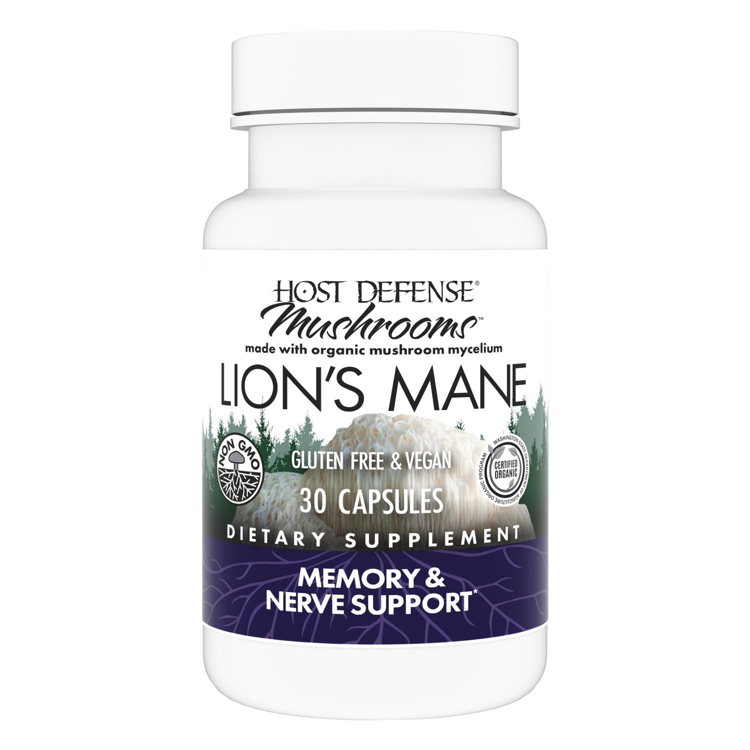 Host Defense Mushrooms Lion&#39;s Mane - Brain Health Support Supplement - Mushroom Supplement to Support Focus &amp; Memory Function - Immune &amp; Nervous System Support Supplement - 30 Capsules (15 Servings)*