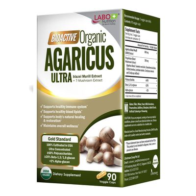 LABO Nutrition Bioactive Organic Agaricus Ultra for Advanced Immune Support, USDA Organic, 7 Medicinal Mushroom Supplement, Cordyceps, Maitake, Turkey Tail, Lingzhi, Agaricus blazei Murill, Shiitake