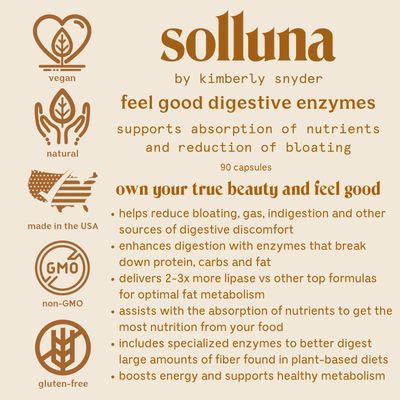 Solluna by Kimberly Snyder Feel Good Digestive Enzymes Digestion &amp; Nutrient Absorption Aid for Stomach Pain, Gas &amp; Bloating - Multi-Enzymes Lipase, Amylase, Protease, Cellulase, &amp; Galactosidase