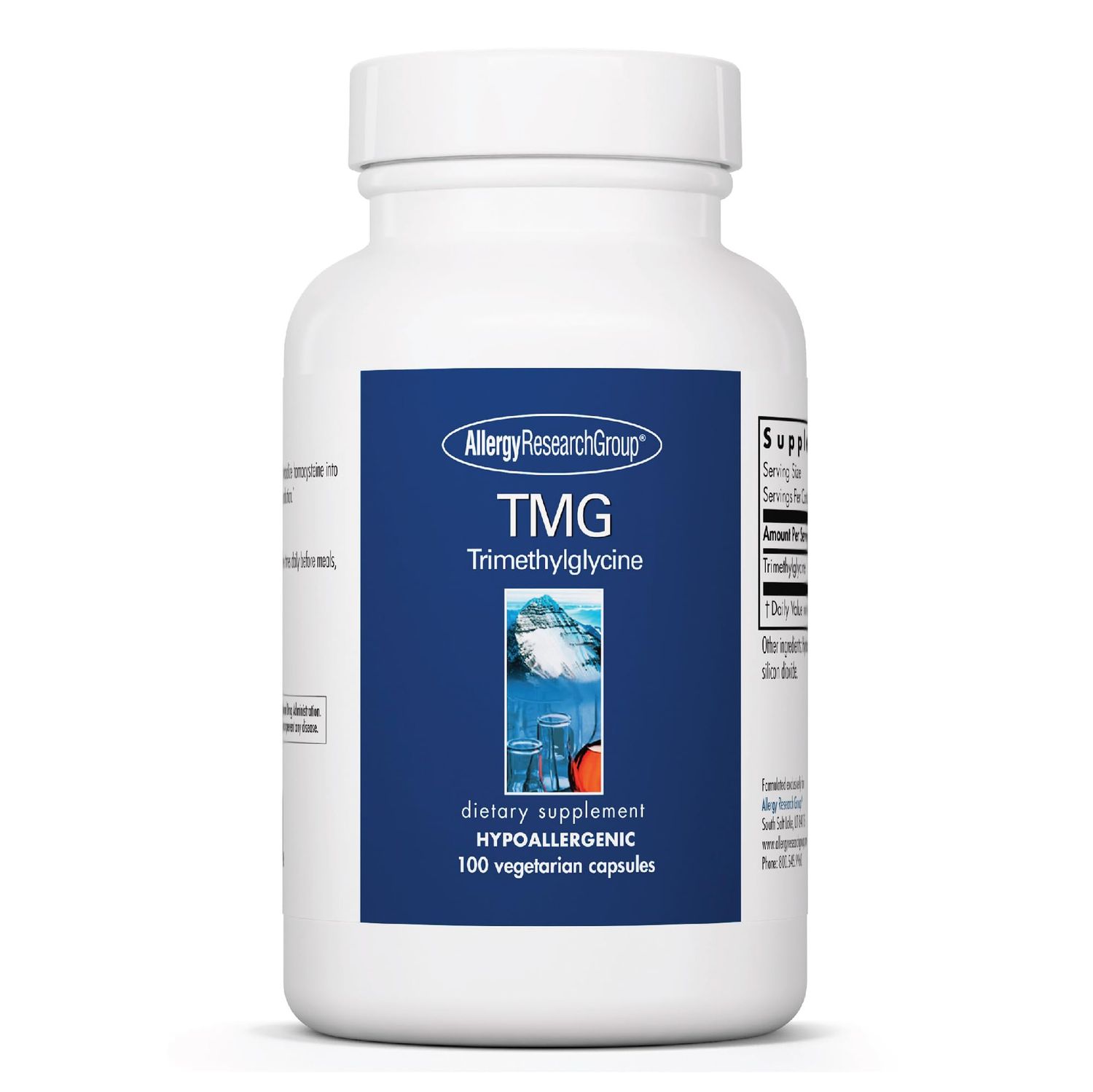 Allergy Research Group TMG Trimethylglycine 750mg Supplement - Betaine Anhydrous, Supports Healthy Methylation, Promotes Healthy Homocysteine Levels, Hypoallergenic, Vegetarian Capsules - 100 Count
