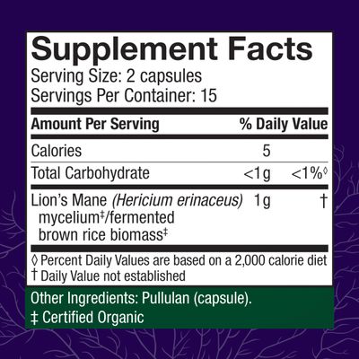 Host Defense Mushrooms Lion's Mane - Brain Health Support Supplement - Mushroom Supplement to Support Focus & Memory Function - Immune & Nervous System Support Supplement - 30 Capsules (15 Servings)*