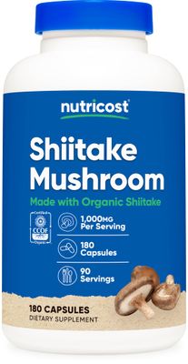 Nutricost Organic Shiitake Mushroom Capsules 1000mg, 90 Servings - CCOF Certified Made with Organic, Vegetarian, Gluten Free, 500mg Per Capsule, 180 Capsules