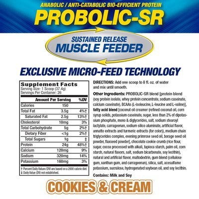 Maximum Human Performance Probolic-SR Sustained Release Protein Powder, 24g Protein, BCAAs, Glutamine, Arginine, Pre-Workout, Post-Workout, Nighttime Protein, 2lbs, 26 Servings, Cookies & Cream