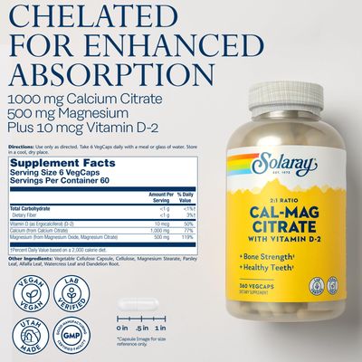 Solaray Calcium Magnesium Citrate 2:1 Ratio with Vitamin D2, Healthy Bone, Muscle &amp; Nerve Support, 60 Serv, 360 VegCaps