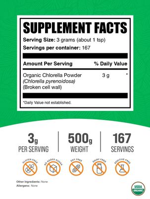 BulkSupplements.com Organic Chlorella Powder - Broken Cell Wall, Green Superfood Powder, Greens Supplements - Vegan & Gluten Free, 3g per Serving, 500g (1.1 lbs) (Pack of 1)
