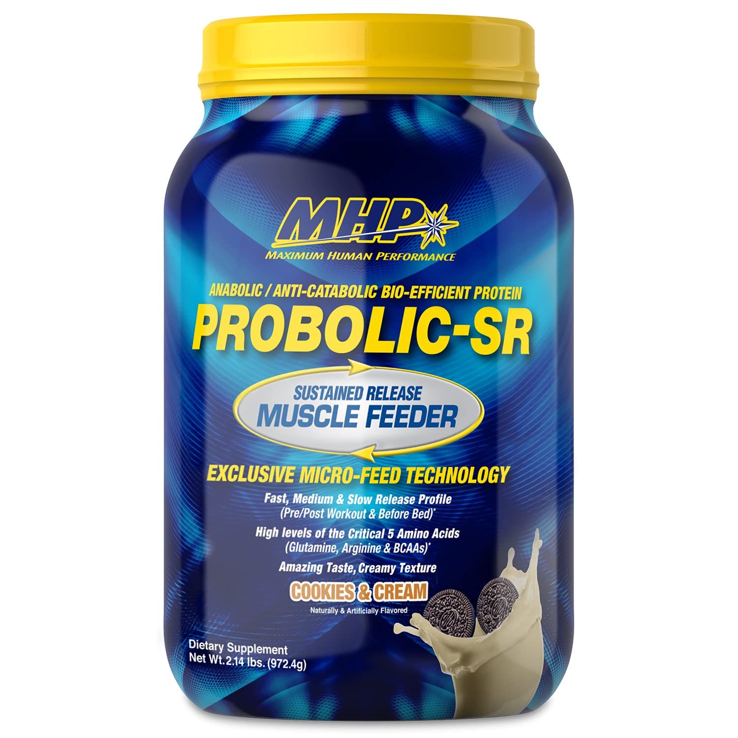 Maximum Human Performance Probolic-SR Sustained Release Protein Powder, 24g Protein, BCAAs, Glutamine, Arginine, Pre-Workout, Post-Workout, Nighttime Protein, 2lbs, 26 Servings, Cookies &amp; Cream