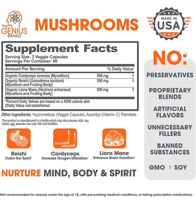 Genius Mushroom Supplement - Lions Mane, Cordyceps, Reishi - Brain Nootropic for Energy, Focus, Overall Wellness, & Immune Support, 180 Veggie Pills
