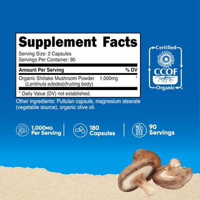 Nutricost Organic Shiitake Mushroom Capsules 1000mg, 90 Servings - CCOF Certified Made with Organic, Vegetarian, Gluten Free, 500mg Per Capsule, 180 Capsules