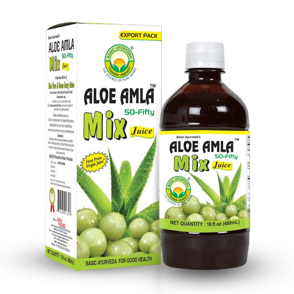 BASIC AYURVEDA Gooseberry + Aloe Vera 50-Fifty Mix Juice | Aloe Amla Fruit Juice with No Added Sugar | Source of Vitamin C | Natural Herbal Wellness | 16.23 Fl Oz/480ml