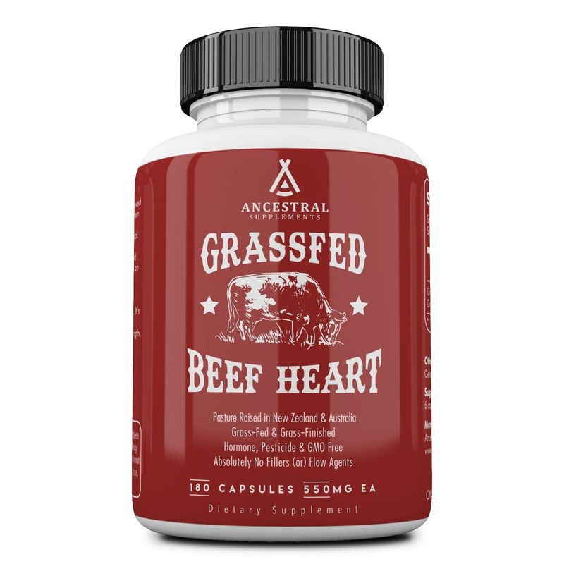 Ancestral Supplements Grass Fed Beef Heart Supplement, 3300mg, CoQ10 Supplement with Grass Fed Beef Liver, Supports Energy, Immune, Heart and Mitochondrial Health, Non GMO, 180 Capsules