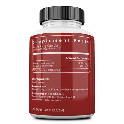 Ancestral Supplements Grass Fed Beef Heart Supplement, 3300mg, CoQ10 Supplement with Grass Fed Beef Liver, Supports Energy, Immune, Heart and Mitochondrial Health, Non GMO, 180 Capsules