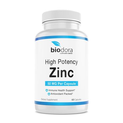 Biodora Zinc High Potency, No GMO, Vitamins for Good Skin, Immune Support Supplement &amp; Antioxidant, Vegan, 50mg Per Servings, 60 Capsules, Unflavoured