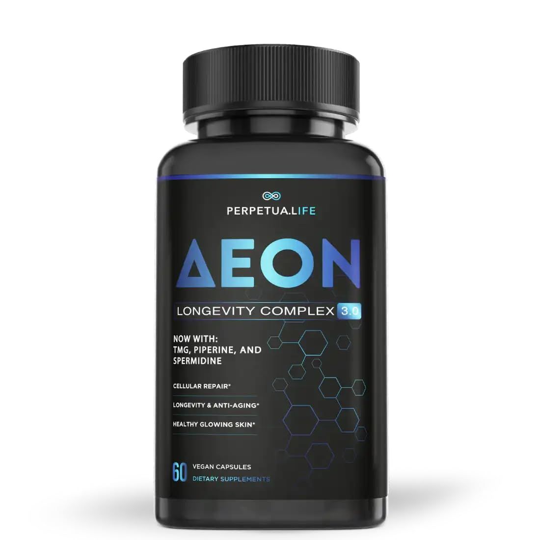 Anti-Aging Supplement NAD+ Complex AEON with Nicotinamide Duo, Fisetin, Quercetin, Resveratrol, TMG, Spermidine, Astragalus, L-Theanine, and More.