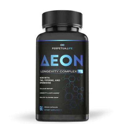 Anti-Aging Supplement NAD+ Complex AEON with Nicotinamide Duo, Fisetin, Quercetin, Resveratrol, TMG, Spermidine, Astragalus, L-Theanine, and More.