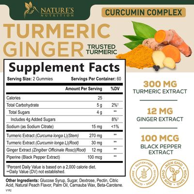 Turmeric Supplement Gummies - Turmeric Curcumin and Ginger Gummies with Black Pepper Extract for High Absorption, Nature's Curcumin Gummy for Joint Support, Non-GMO, Gluten Free - 120 Turmeric Gummies