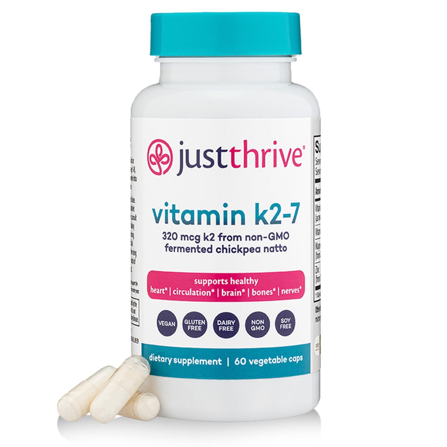 Just Thrive Vitamin K2-7 - Bone, Brain, and Heart Health K2 Vitamin Supplement, 60 Capsules