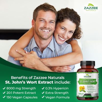 Zazzee Extra Strength St. Johns Wort 20:1 Extract, 8000 mg Strength, 0.3% Hypericin, 150 Vegan Capsules, 5 Month Supply, Concentrated, Standardized 20X Extract, 100% Vegetarian, Non-GMO, All-Natural