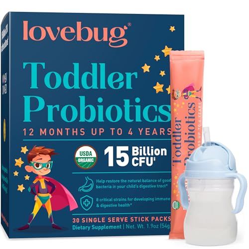 Lovebug Toddler Probiotics - Organic Probiotic for Kids &amp; Toddler Constipation Relief, Stomach Discomfort and Softer Bowel Movements, Clear Dissolvable Powder, Ages 12 Months to 4 Year Olds - 30 Pack