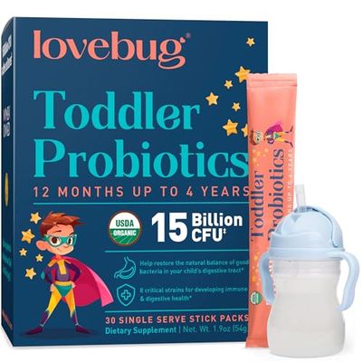Lovebug Toddler Probiotics - Organic Probiotic for Kids &amp; Toddler Constipation Relief, Stomach Discomfort and Softer Bowel Movements, Clear Dissolvable Powder, Ages 12 Months to 4 Year Olds - 30 Pack