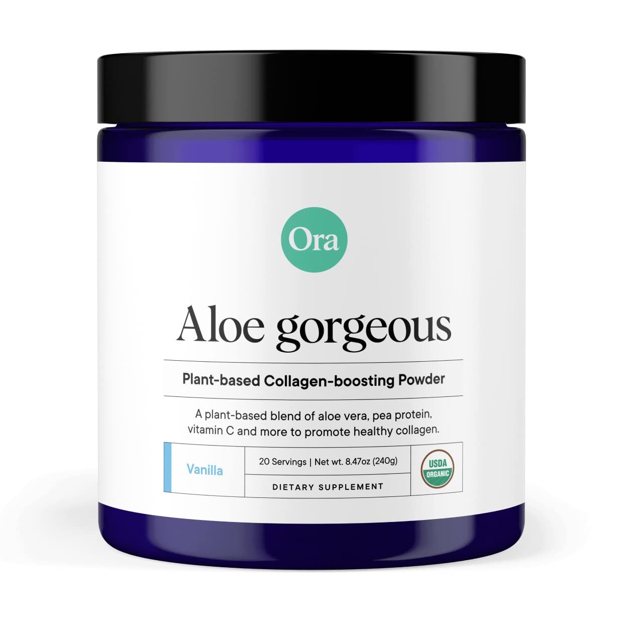 Ora Organic Vegan Collagen-Boosting Powder for Women and Men - Hair, Skin, &amp; Nails Support - Bamboo Silica, Plant-Based Protein, Organic Vitamin C, Aloe Vera - Vanilla Flavor, 20 Servings