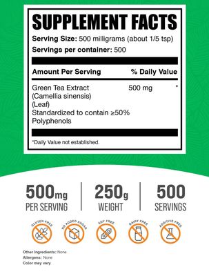 BulkSupplements.com Green Tea Extract Powder - 50% Polyphenol, Green Tea Powder - Green Tea Supplement, Herbal &amp; Gluten Free, 500mg per Serving, 250g (8.8 oz) (Pack of 1)
