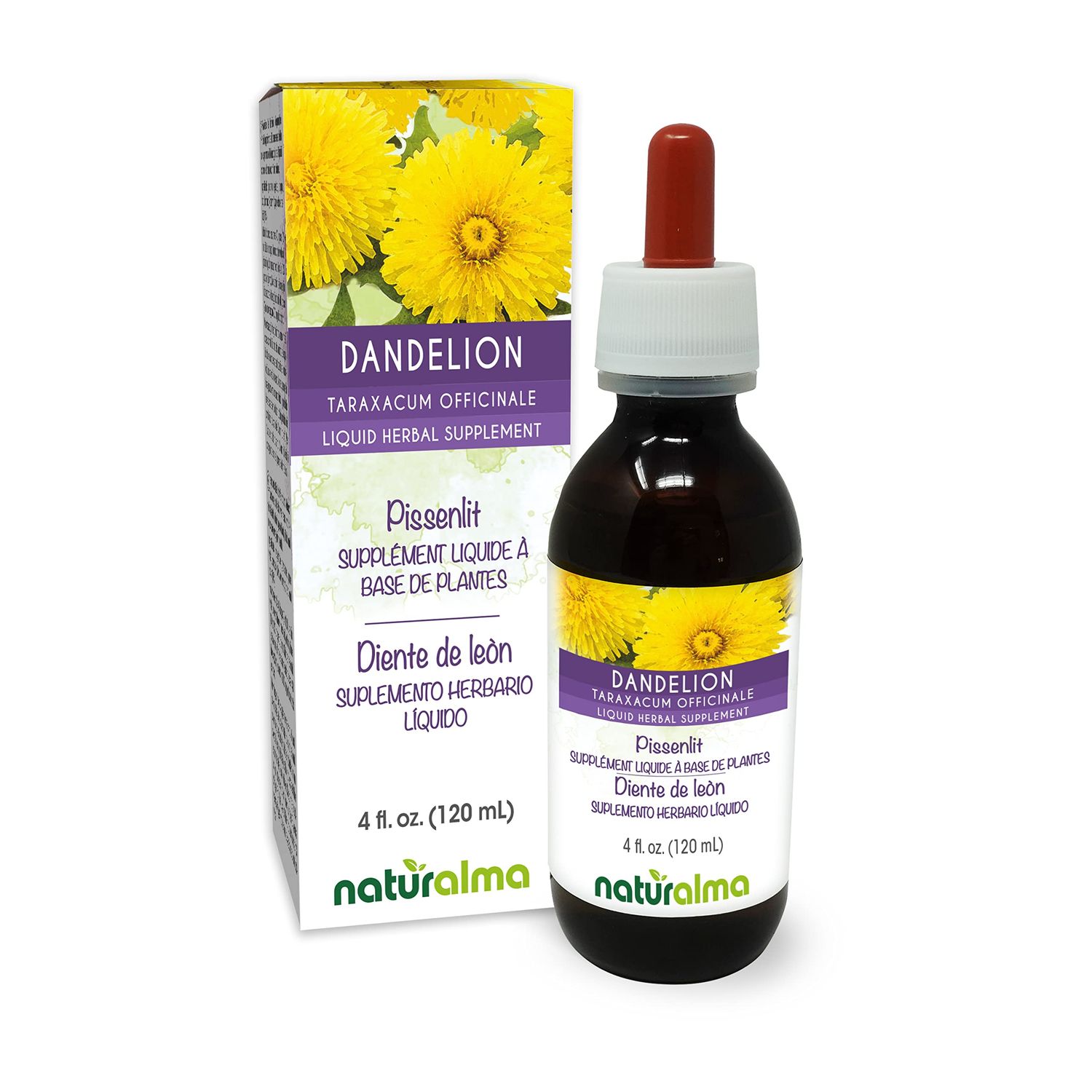Naturalma Dandelion (Taraxacum officinale) Root and herb Alcohol-Free Tincture - 4 fl oz Liquid Extract in Drops - Herbal Supplement - Vegan