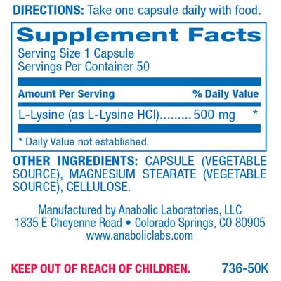 Anabolic Laboratories L-Lysine 500mg Capsules - 50 Vegetarian Supplements for Immune and Skin Health and Tissue Growth