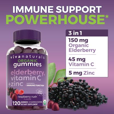Organic Sambucus Elderberry Gummies with Zinc and Vitamin C (120 Count) - 3 in 1 Black Elderberry Gummies for Adults Immune Support, Chewable Elderberry Supplements, Immunity Gummies