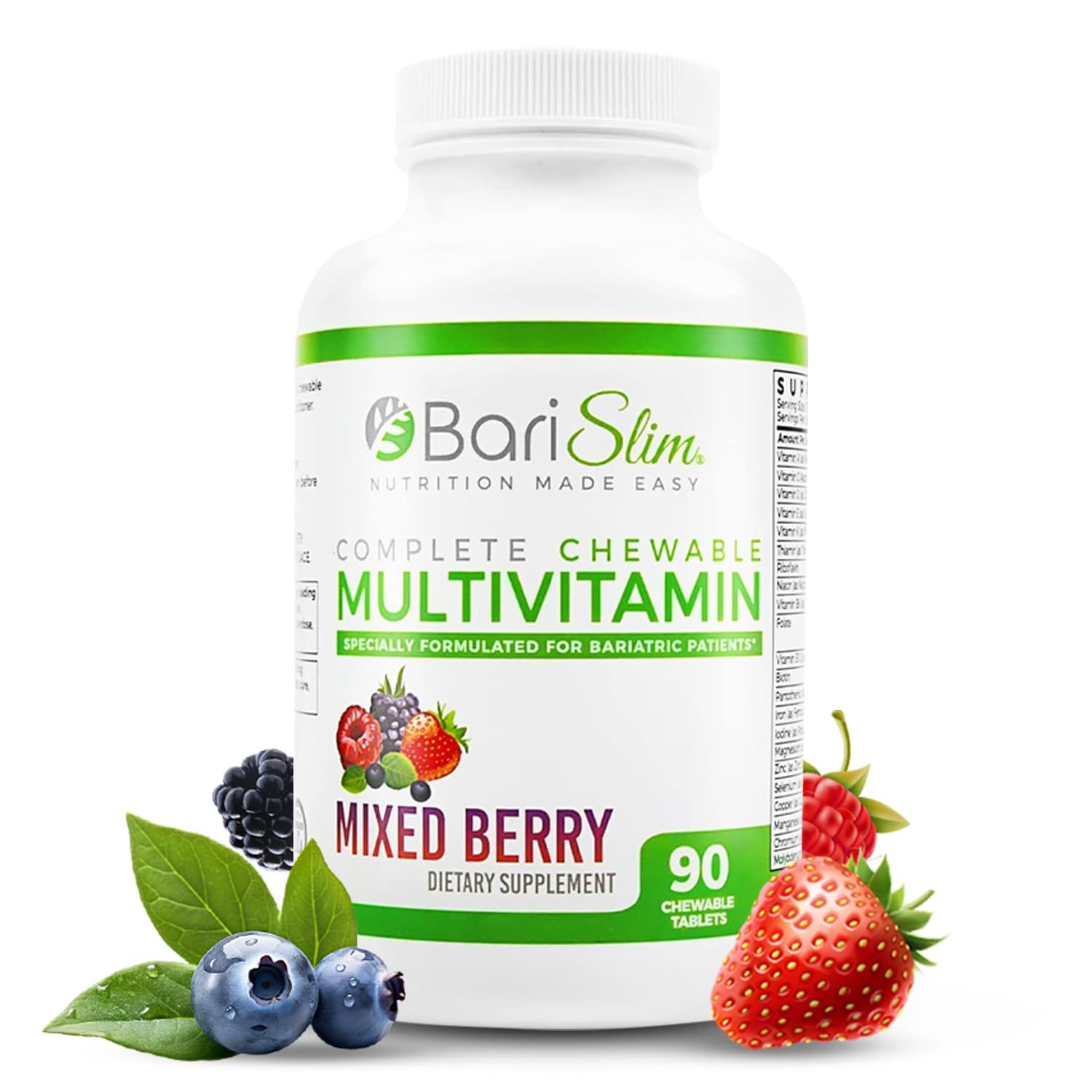 BariSlim Complete Chewable Bariatric Multivitamin Tablets - 45 mg Iron - Bariatric Vitamin &amp; Supplement for Post Bariatric Surgery Including Gastric Bypass &amp; Gastric Sleeve | Mixed Berry (90 Count)