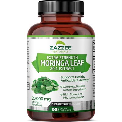 Zazzee Organic Moringa 20:1 Extract, 20,000 mg Strength, 180 Vegan Capsules, 100% Pure Oleifera Leaf Superfood, Concentrated and Standardized 20X Extract, All-Natural, Non-GMO, Made in The USA