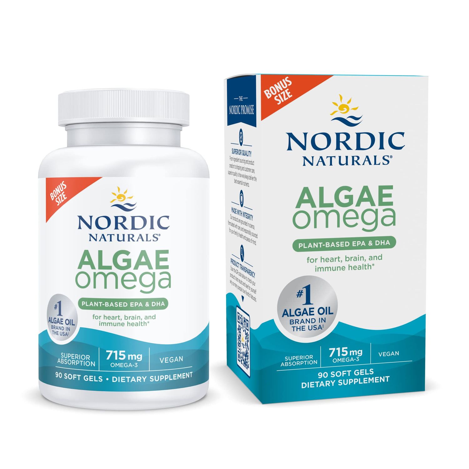 Nordic Naturals Algae Omega - 90 Soft Gels - 715 mg Omega-3 - Certified Vegan Algae Oil - Plant-Based EPA &amp; DHA - Heart, Eye, Immune &amp; Brain Health - Non-GMO - 45 Serving