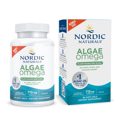 Nordic Naturals Algae Omega - 90 Soft Gels - 715 mg Omega-3 - Certified Vegan Algae Oil - Plant-Based EPA &amp; DHA - Heart, Eye, Immune &amp; Brain Health - Non-GMO - 45 Serving