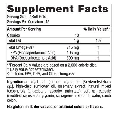 Nordic Naturals Algae Omega - 90 Soft Gels - 715 mg Omega-3 - Certified Vegan Algae Oil - Plant-Based EPA &amp; DHA - Heart, Eye, Immune &amp; Brain Health - Non-GMO - 45 Serving
