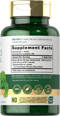 Carlyle Ginkgo Biloba 3000mg | 400 Tablets | Non-GMO, Gluten Free Herbal Supplement