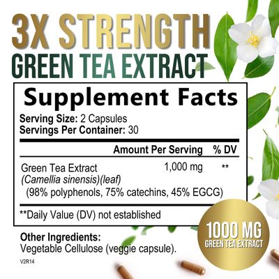Green Tea Extract Pills 1000mg with EGCG for Heart Support with Antioxidants - 98% Standardized Polyphenols - 3X Absorption Green Tea Capsules for Natural Energy, Gentle Caffeine - 60 Capsules