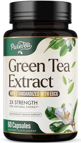Green Tea Extract Pills 1000mg with EGCG for Heart Support with Antioxidants - 98% Standardized Polyphenols - 3X Absorption Green Tea Capsules for Natural Energy, Gentle Caffeine - 60 Capsules