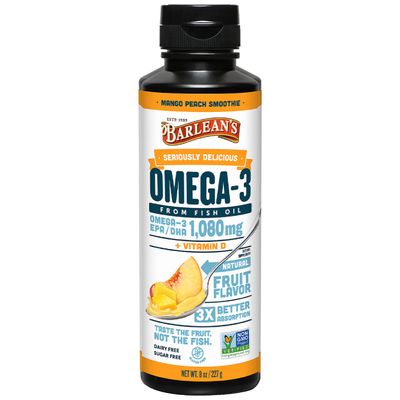 Barlean&#39;s Mango Peach Omega 3 Fish Oil Liquid Supplement with Vitamin D, 1080mg EPA &amp; DHA Fatty Acid, Smoothie Flavored &amp; Burpless for Brain, Joint, &amp; Heart Health, 8 oz
