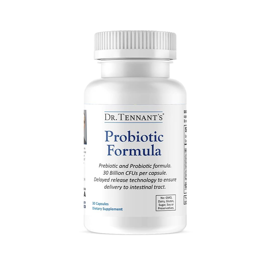 Dr. Tennant&#39;s Probiotic Formula w/Prebiotics to Ensure Viability, Time-Release &amp; Acid Resistant Capsules, 30B CFUs, Vegetarian Capsules, Vegan, Gluten-Free, Dairy-Free, No Need to Refrigerate