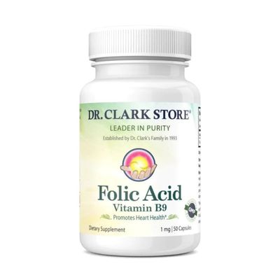 Dr. Clark Folic Acid (Vitamin B9) Supplement, 1mg, 50 Gelatin Capsules