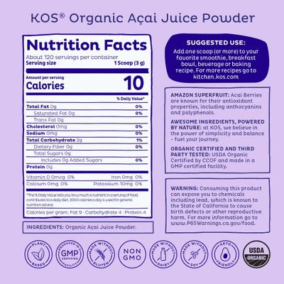 KOS Organic Acai Juice Powder - USDA Certified Organic, Plant Based Superfood Antioxidants, Superberry from Brazil, Great for Smoothies and Bowls, 0g Sugar, Vegan, Gluten-Free, Non-GMO - 120 Servings