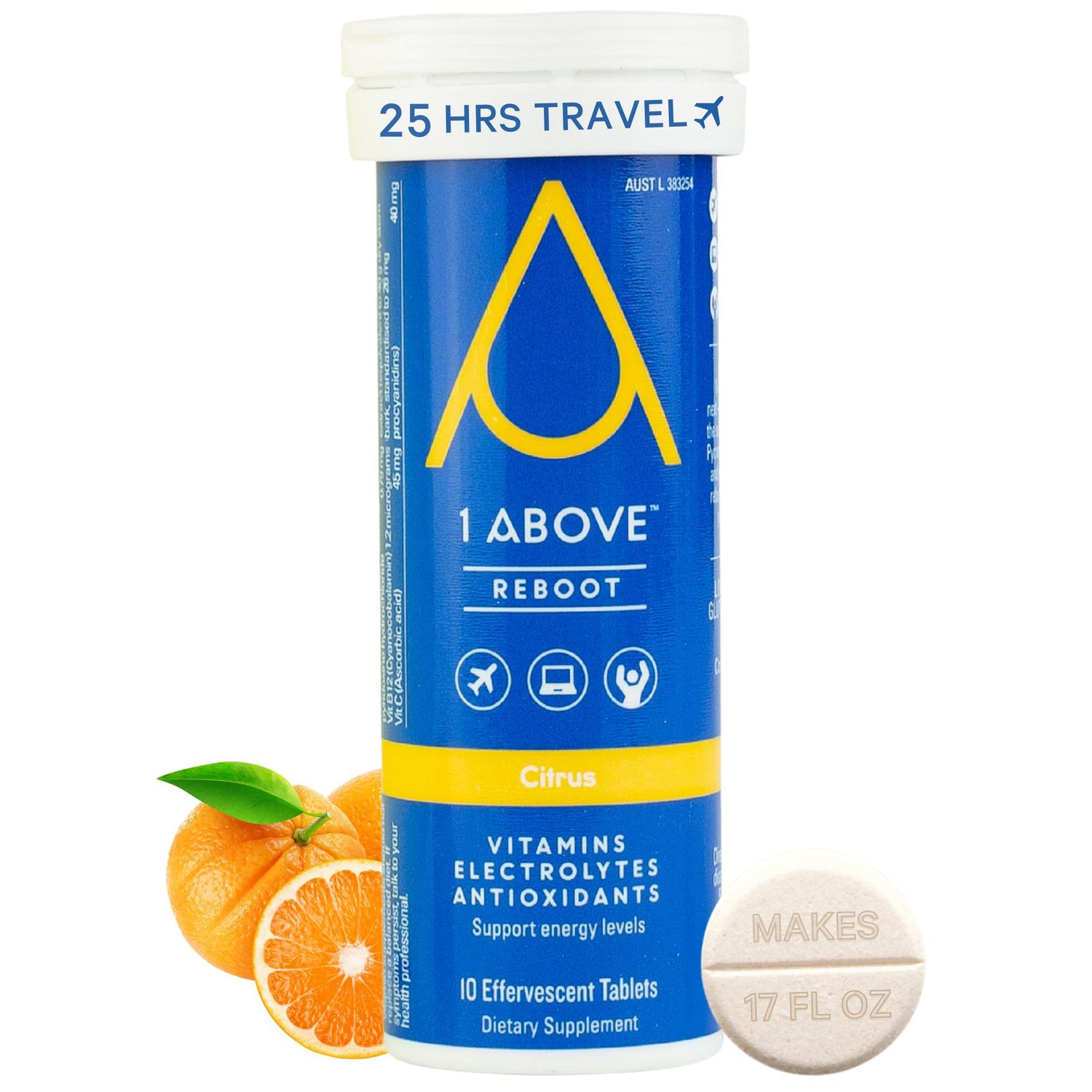 1ABOVE Jet Lag Relief Tablets - Citrus-Flavored Effervescent Multivitamin with Pycnogenol Travel Supplement for Hydration, Energy, Immune Support and Faster Recovery - Flight Essential, 10 Tablets